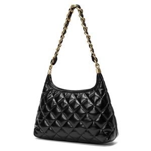 Quilted Black Shoulder Bag with Gold Chain Handle - Women